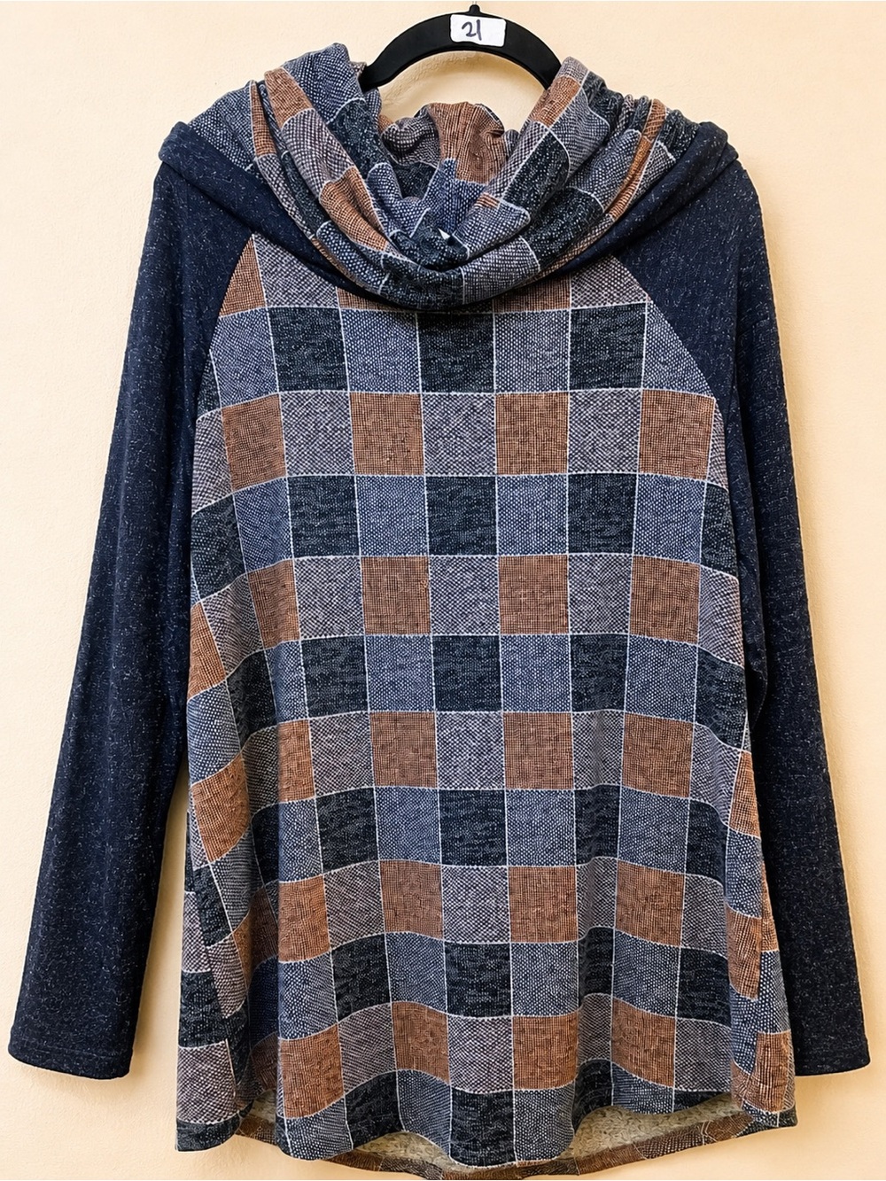 Woman’s Checked Hooded Pullover Sweater - Blue & Brown